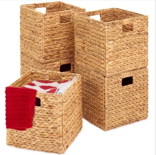 Set of 5 Collapsible Hyacinth Storage Baskets w/ Inserts - 12x12in - Lot 651