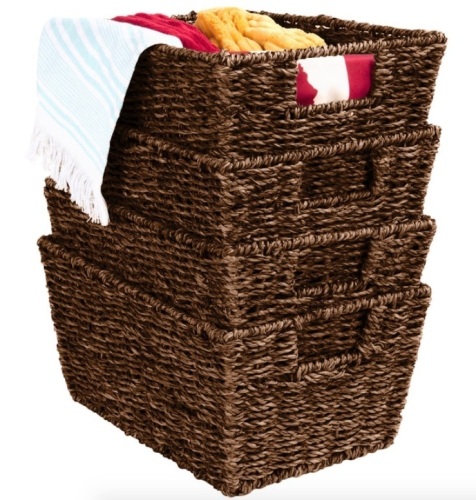 Set of 4 Seagrass Storage Tote Baskets, Laundry Organizer w/ Insert Handles, Brown - Lot 340