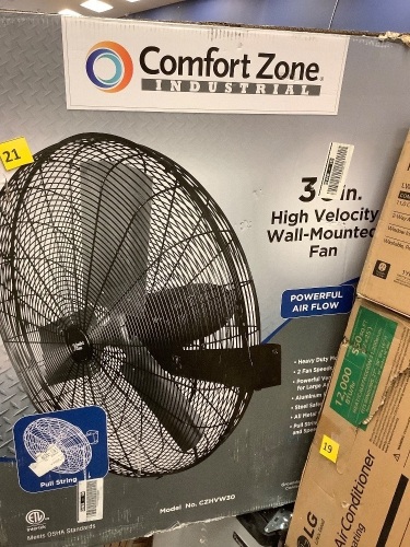 Comfort Zone30 in. Black High-Velocity Industrial 2-Speed Wall Fan with Aluminum Blades and Adjustable Tilt - Lot 21