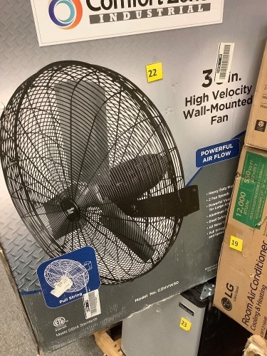 Comfort Zone30 in. Black High-Velocity Industrial 2-Speed Wall Fan with Aluminum Blades and Adjustable Tilt - Lot 22