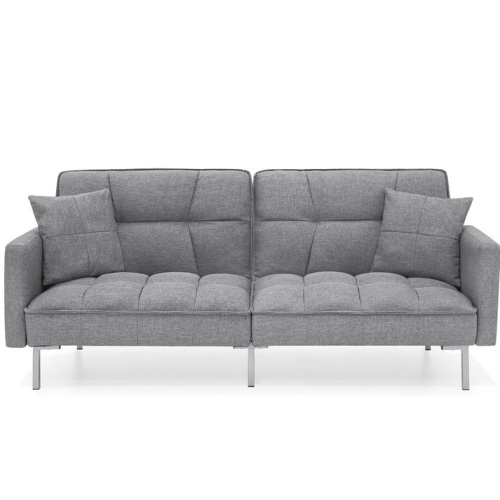Convertible Linen Tufted Futon w/ 2 Plush Pillows, Split-Back Design - Lot 43