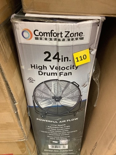 Comfort Zone24 in. 2-Speed High-Velocity Industrial Drum Fan with Aluminum Blades and 180-Degree Adjustable Tilt in Black - Lot 110