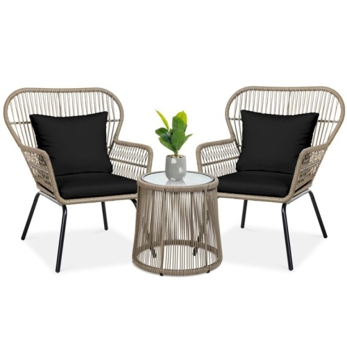 3-Piece Patio Wicker Conversation Bistro Set w/ 2 Chairs, Glass Top Table - Lot 176