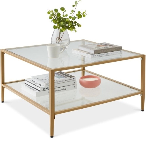2-Tier Square Coffee Table Living Room Accent w/ Glass Top - 32x32in - Lot 244