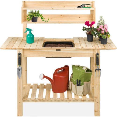 Wood Garden Potting Bench w/ Sliding Tabletop, Food Grade Dry Sink - Lot 6529