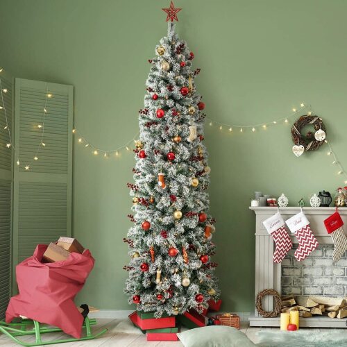 OasisCraft 7.5Ft Snow Flocked Artificial Pencil Christmas Tree, Hinged Snowy Slim Xmas Tree Outdoor for Festive Holiday Decoration - Lot 6572