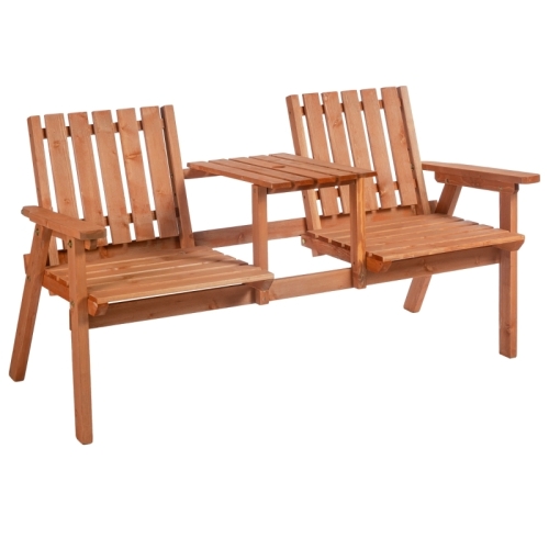 Outdoor Patio Wooden Double Chair Garden Bench w/ Middle Table - Lot 6583