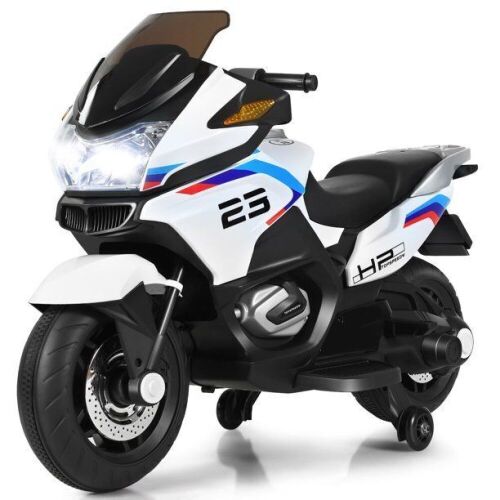 12V Kids Ride On Motorcycle Electric Motor Bike w/ Training Wheels & Light White - Lot 10