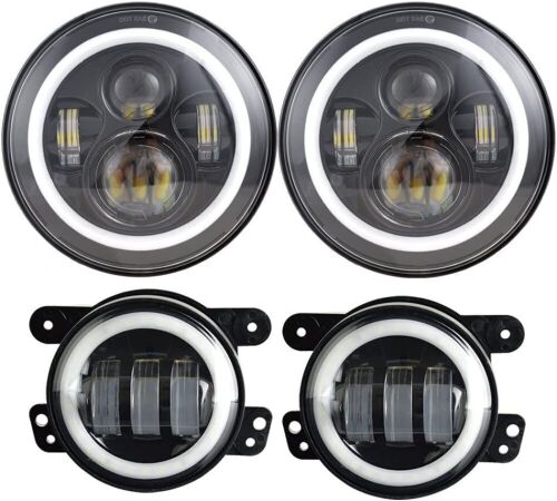 7inch LED Headlights with White DRL/Amber Turn Signal + 4 inch LED Fog Lights with White DRL Halo Ring for Jeep Wrangler 07-17 - Lot 531