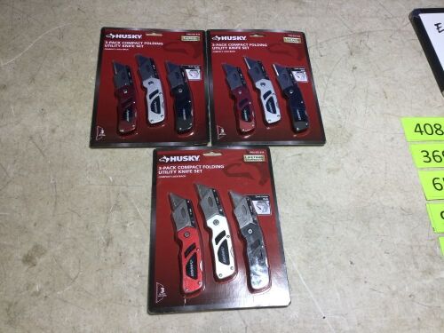 Lot of (3) Husky 3-Pack Compact Folding Utility Knife Set - Lot 999
