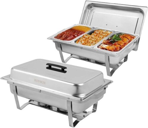ROVSUN Stainless Steel Chafing Dishes Buffet Set with 3 1/3 Size Food Pans, Foldable Frame, 8 Quart, Set of 2  - Lot 656