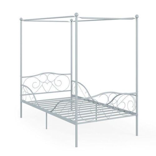 Twin Size Metal Canopy Bed Frame 4 Poster Steel Slats Headboard Footboard Pewter - Lot 938