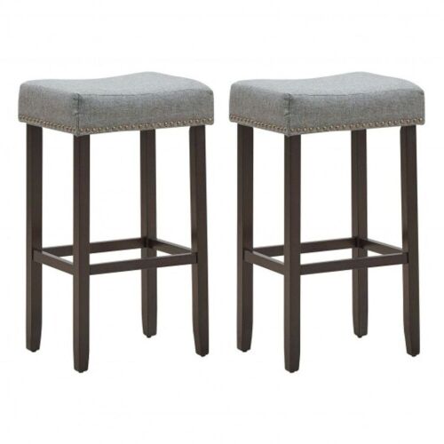 Gray Backless 29 in. Wood Nailhead Saddle Bar Stool with Fabric Seat, Set of 2  - Lot 897