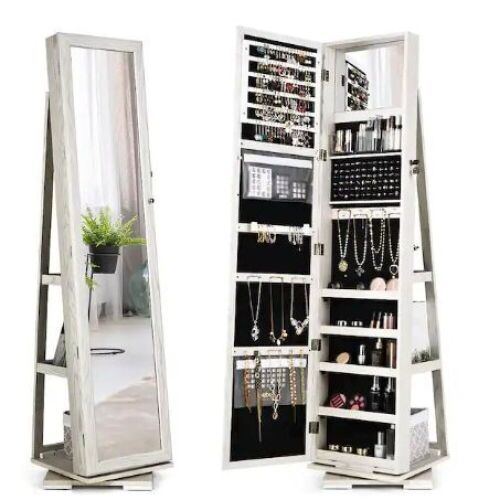 White Jewelry Armoire Rotatable Jewelry Cabinet Armoire 2-in-1 Lockable 63.5 in. x 15 in. x 15 in. - Lot 494