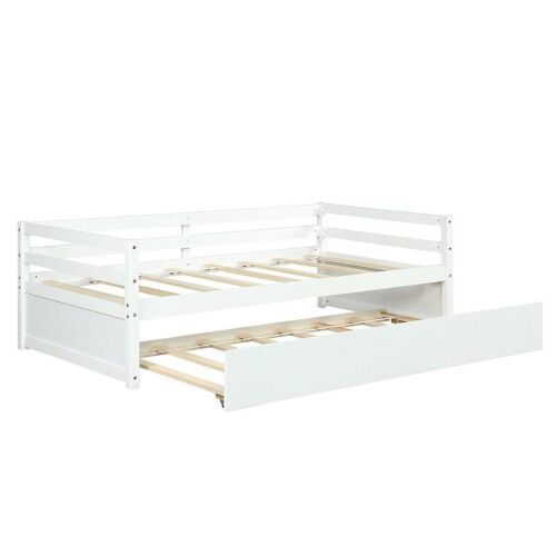 Twin Size Wooden Slat Trundle Platform Bed - Lot 504