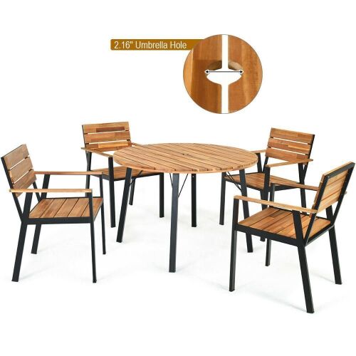 5PCS Patio Dining Chair Set Acacia Wood Round Table W/Umbrella Hole - Lot 52
