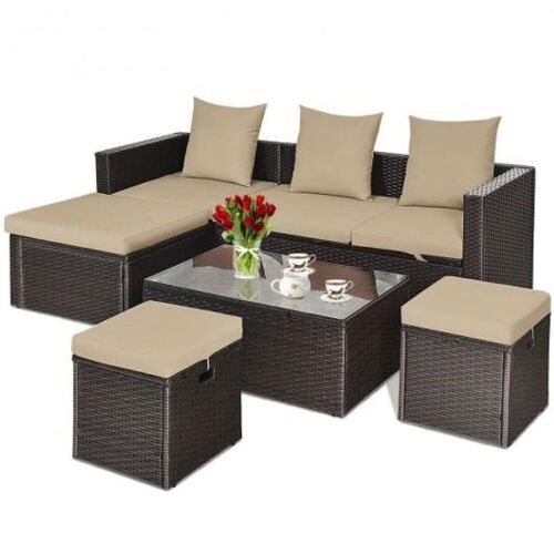 5-Piece Rattan Patio Furniture Set Adjustable Sofa Cushioned Ottoman - Lot 64