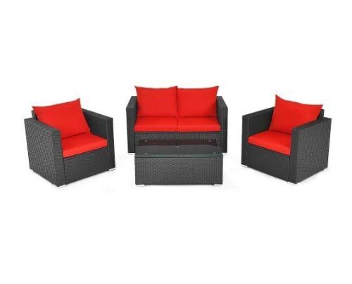Black 4-Piece Wicker Patio Conversation Set with Red Cushions - Lot 65