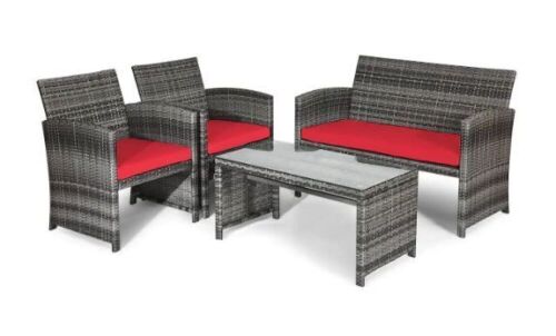 4-Piece Wicker Patio Conversation Set with Red Cushions - Lot 650