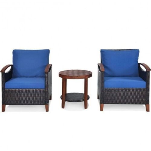 3 Pcs Solid Wood Frame Patio Rattan Furniture Set  - Lot 861