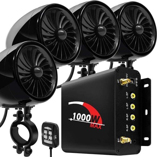 Aileap 1000W 4 Channel Motorbike Amplifier 4" Full Range Waterproof Bluetooth Motorcycle Stereo Speakers Audio System with AUX USB SD FM Radio for 1-1.5" Handlebar Harley Cruiser ATV UTV  - Lot 327