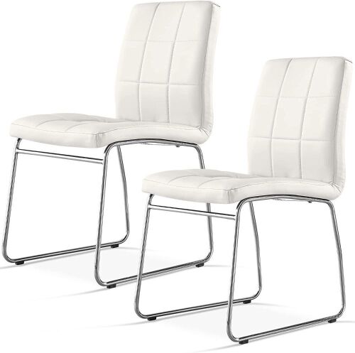 Modern Dining Chairs with Faux Leather Padded Seat Back in Checkered Pattern and Sled Chrome Legs, Set of 2 - Lot 256