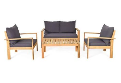 Natural 4-Piece Acacia Wood Patio Conversation Set Loveseat Sofa with Dark Gray Cushions - Lot 57