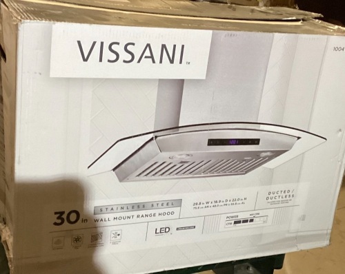 Vissani 30in Wall Mount Range Hood, 29.8in W x 18.9in D x 22in H, Stainless Steel - Lot 117