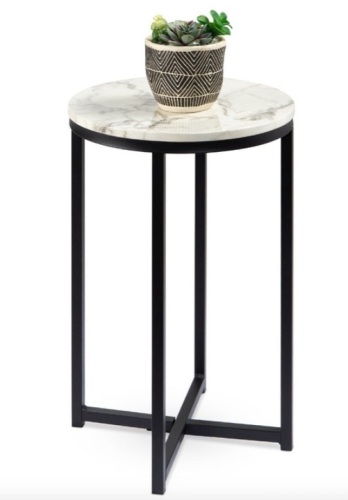 Round Coffee Side Table w/ Faux Marble Top, Metal Frame - 16in, White/Matte Black - Lot 121