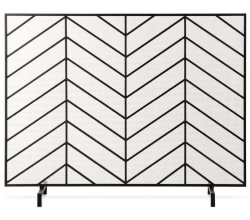 Single Panel Iron Chevron Fireplace Screen w/ Antique Finish - 38x31in, Satin Black - Lot 147