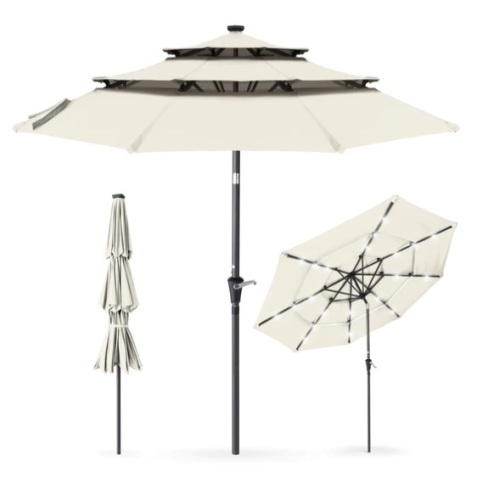 3-Tier Solar Patio Umbrella w/ LED Lights, Tilt Adjustment, Crank - 10ft - Lot 149