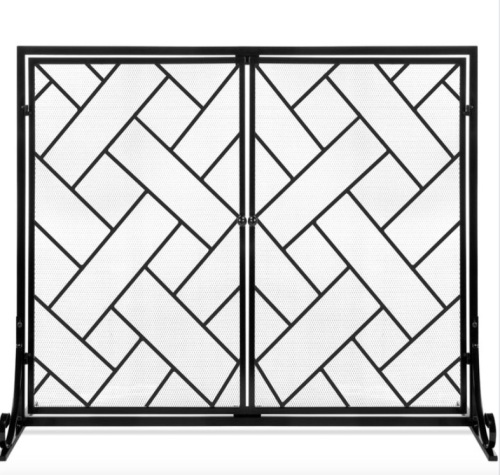 2-Panel Wrought Iron Geometric Fireplace Screen w/ Magnetic Doors - 44x33in, Black - Lot 157