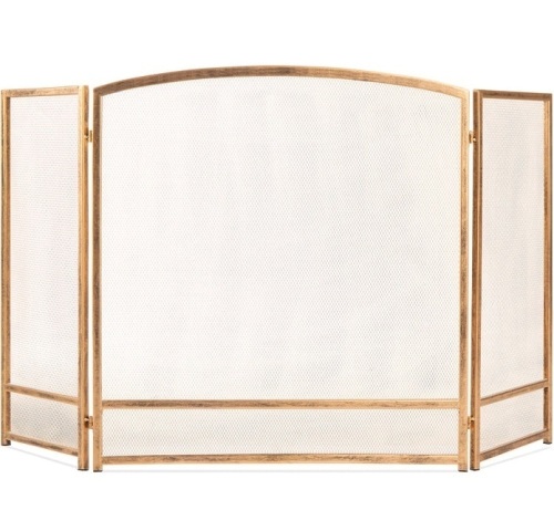 3-Panel Simple Steel Mesh Fireplace Screen w/ Rustic Worn Finish - 47x29in, Antique Gold - Lot 167