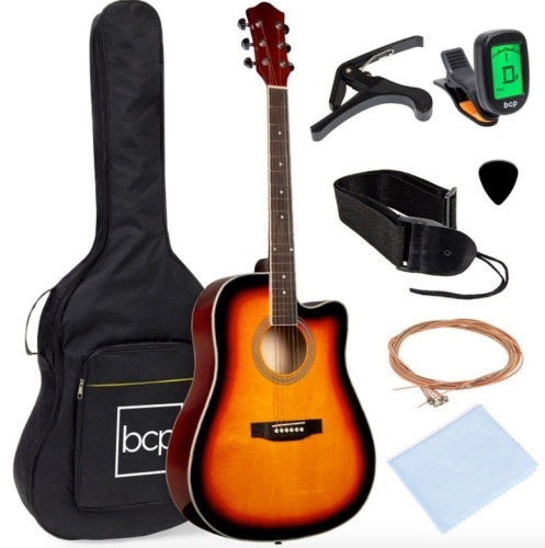 Full Size Beginner Acoustic Guitar Set with Case, Strap, Capo - 41in, Sunburst - Lot 175