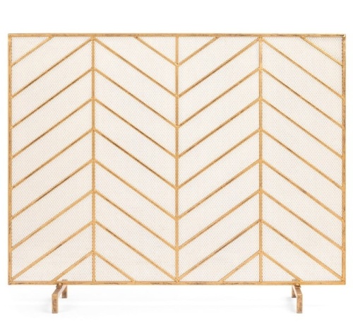 Single Panel Iron Chevron Fireplace Screen w/ Antique Finish - 38x31in, Gold - Lot 306