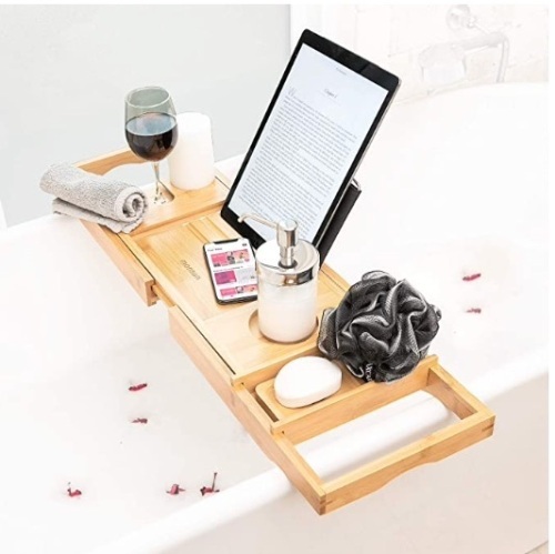Bamboo Bathtub Tray Caddy Expandable with Wine Glass Holder and Book Stand - Lot 322