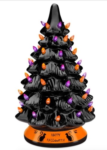 Ceramic Halloween Tabletop Tree w/ Orange & Purple Bulb Lights - 15in - Lot 709