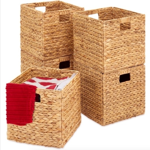 Set of 5 Collapsible Hyacinth Storage Baskets w/ Inserts - 10.5x10.5in, Natural - Lot 714