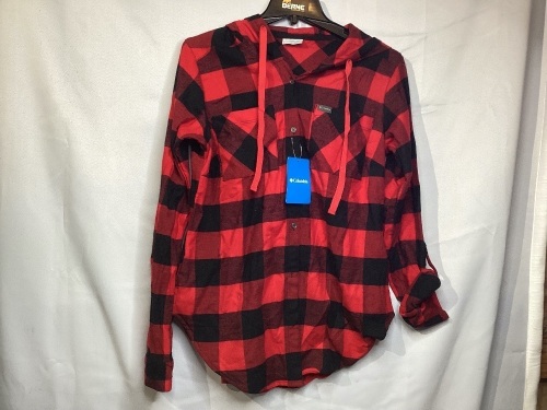 Columbia Stretch Hooded Shirt, Red/Black Plaid, Ladies S, Small Tear - Lot 270