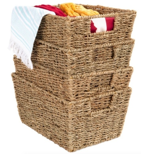 Set of 4 Seagrass Storage Tote Baskets, Laundry Organizer w/ Insert Handles, Natural - Lot 670