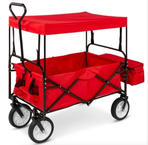 Utility Wagon Cart w/ Folding Design, 2 Cup Holders, Removable Canopy, Red, May Be Missing Hardware - Lot 622