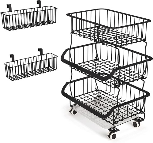 3 Tier Stackable Metal Wire Basket Cart w/ Wheels - Lot 524