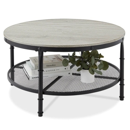 2-Tier Round Industrial Wood & Steel Coffee Table, Storage Shelves - 35.5in - Lot 6905
