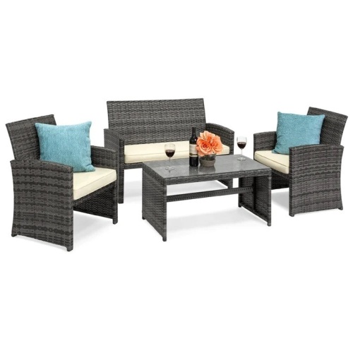 4-Piece Outdoor Wicker Conversation Patio Set w/ 4 Seats, Glass Table Top - Lot 6906