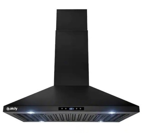 AKDY 30 in. 343 CFM Convertible Kitchen Island Mount Range Hood in Black Painted Stainless Steel with Touch Control - Lot 39