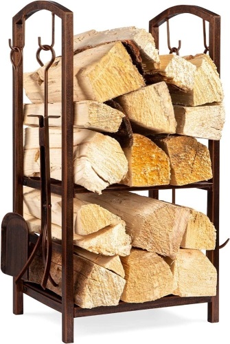 5-Piece Firewood Log Rack Holder Tools Set w/ Hook, Broom, Shovel, Tongs - Lot 53