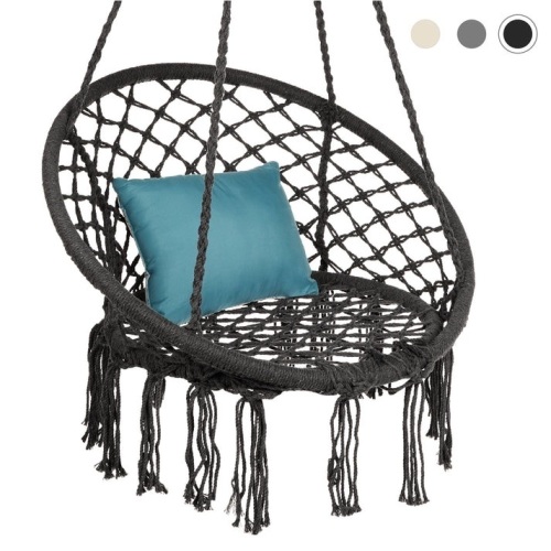 Handwoven Cotton Macramé Hammock Hanging Chair Swing for Indoor & Outdoor Use w/Backrest, Fringe Tassels, 265 Pound Capacity - Lot 318