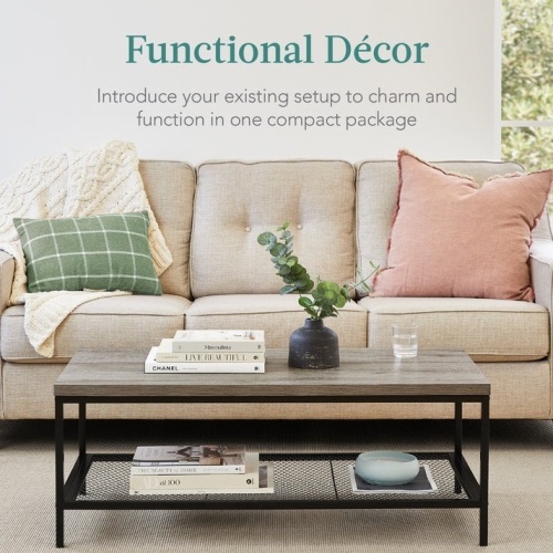 2-Tier Modern Coffee Table Industrial Rectangular Accent w/ Shelf - 44in - Lot 379