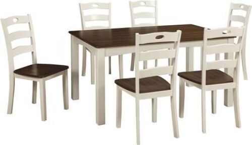 7-Piece Dining Room Table Set with Brown Tabletops and Contoured Stool Seats with Legs in White - Lot 36