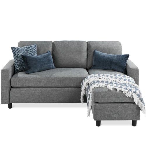 Linen Sectional Sofa Couch w/ Chaise Lounge, Reversible Ottoman Bench  - Lot 149
